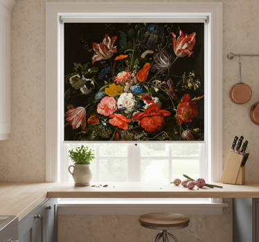 Store enrouleur cuisine fleurs rouges bleues et blanches - TenStickers