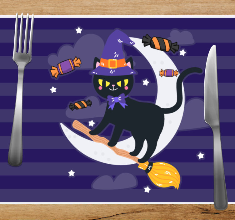 Set de table halloween chat sorcier sur un balai - TenStickers