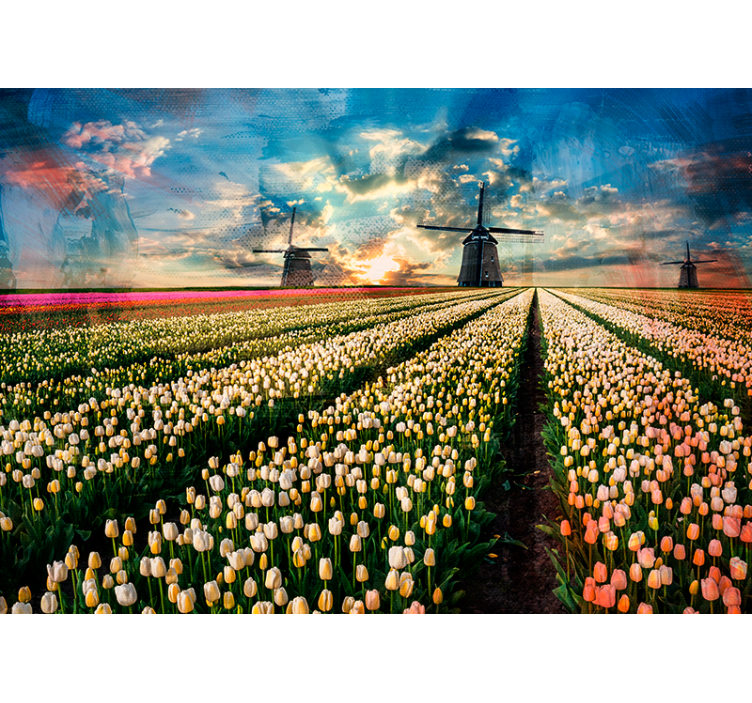 Tapisserie fleur lever de soleil sur un champ de tulipes - TenStickers