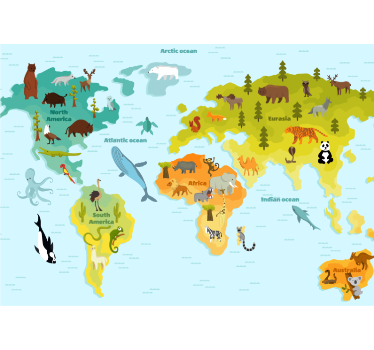 Tapisserie carte du monde exploration animale - TenStickers