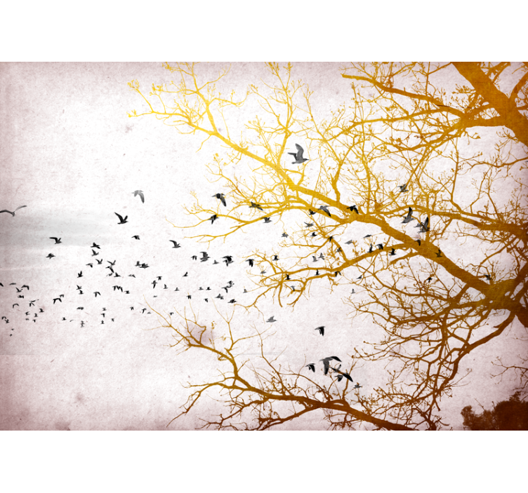 Tapisserie nature branches dorées oiseaux - TenStickers