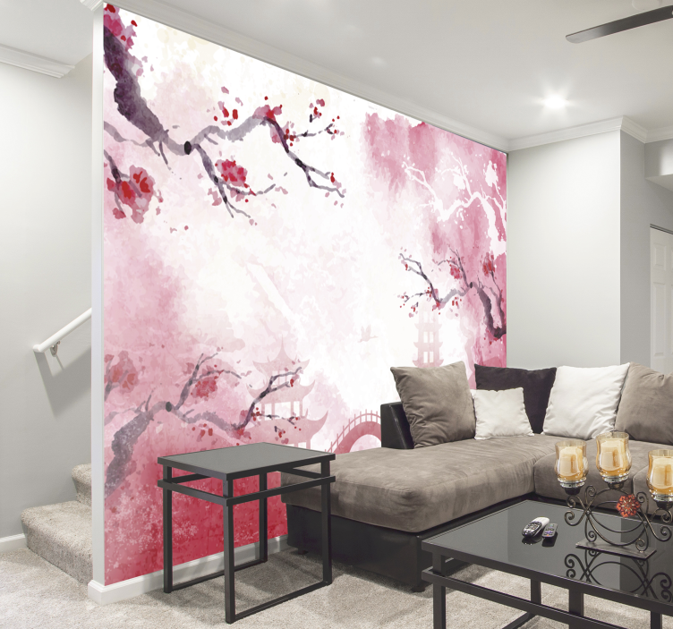 Papier peint salon jardin japonais tons rose - TenStickers