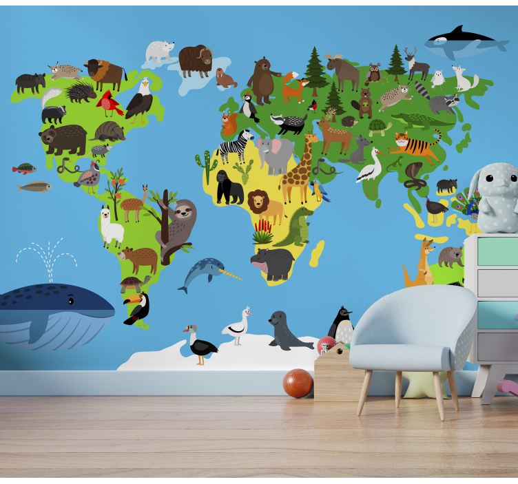 Tapisserie carte du monde animaux de style enfants - TenStickers