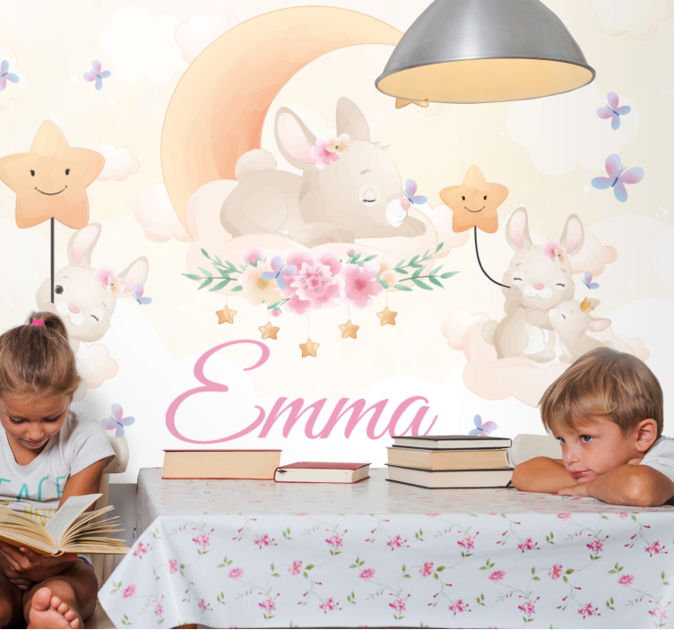 Tapisserie chambre enfant lapin lune Étoiles - TenStickers