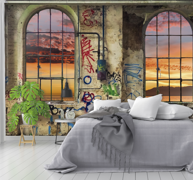 Tapisserie 3d vue urbaine sur le coucher du soleil - TenStickers