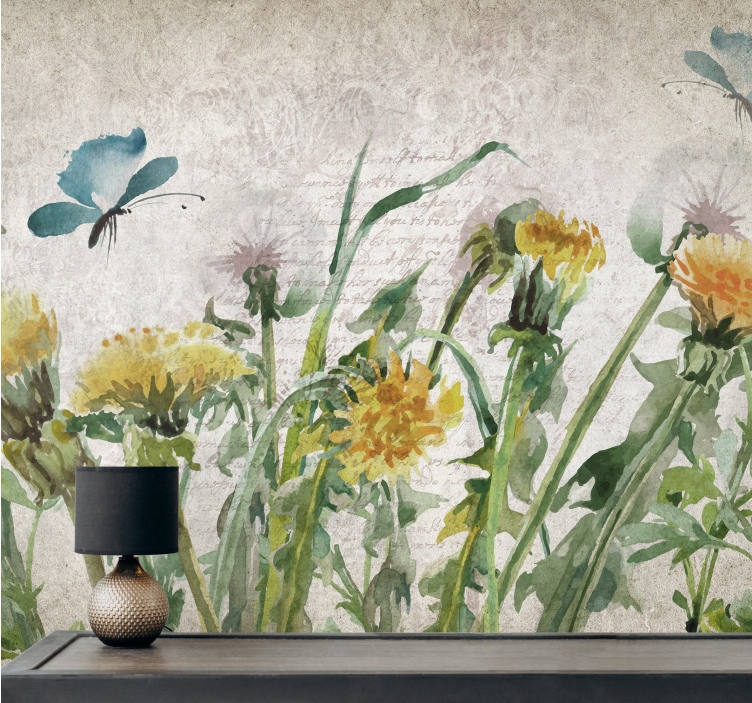Tapisserie fleur pissenlits avec papillons - TenStickers