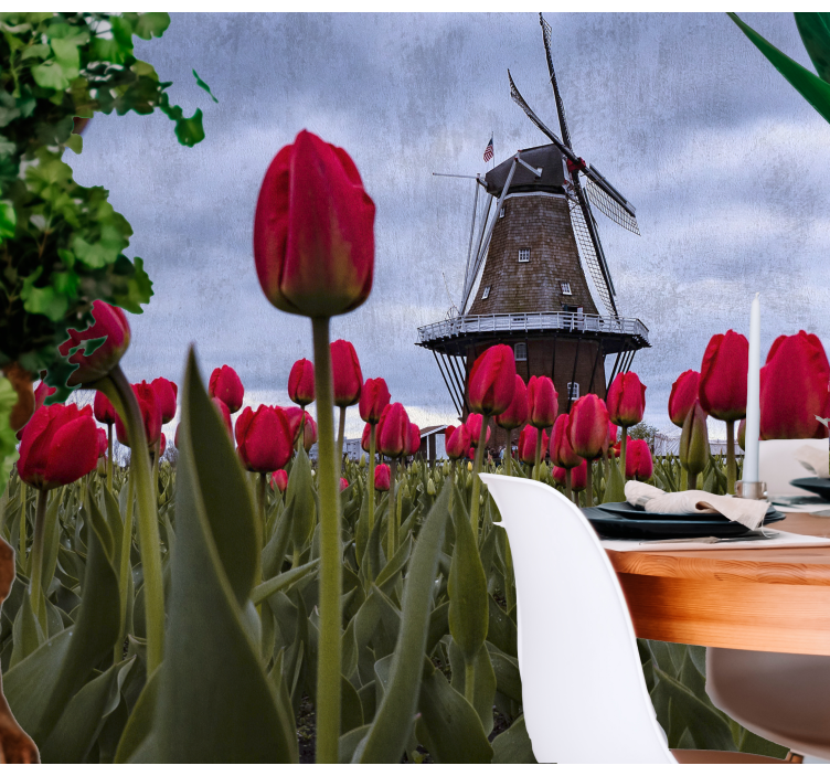 Tapisserie fleur prairie de tulipes et moulin - TenStickers