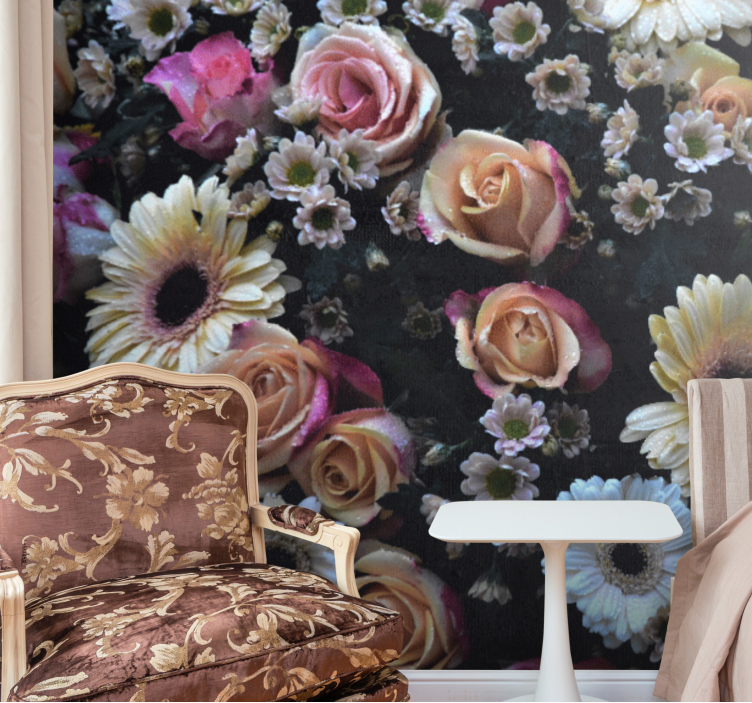 Tapisserie fleur roses et marguerites - TenStickers