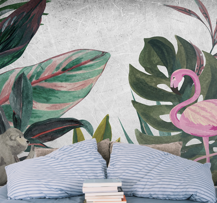 Tapisserie jungle flamant rose et singe - TenStickers