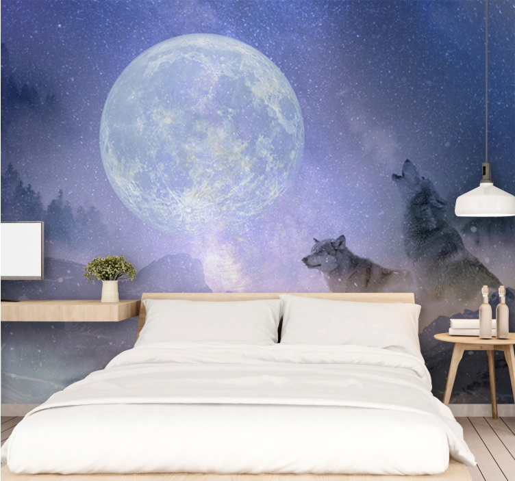 Tapisserie jungle loups majestueux au clair de lune - TenStickers
