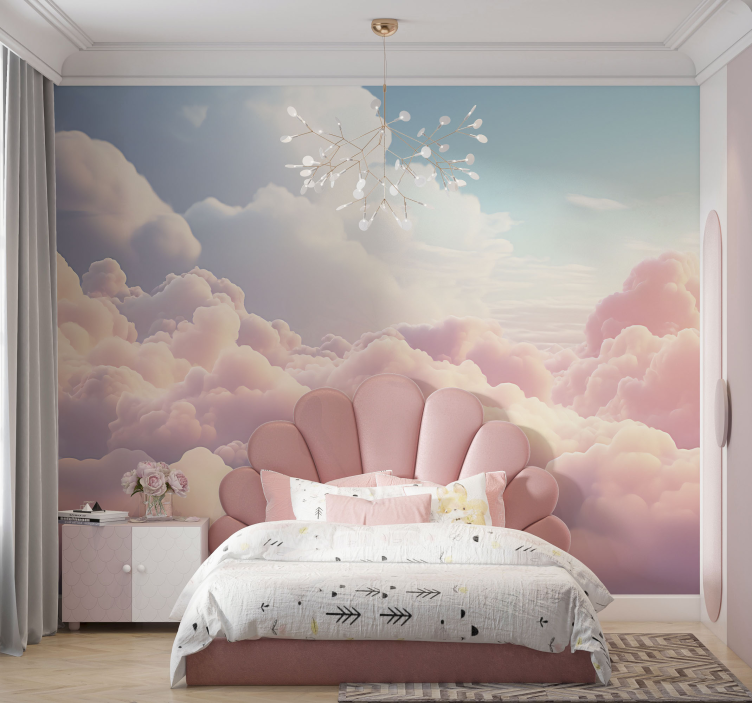 Tapisserie murale enfant paysage nuages roses - TenStickers