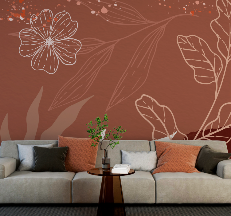 Tapisserie murale terracotta design feuilles minimalistes - TenStickers