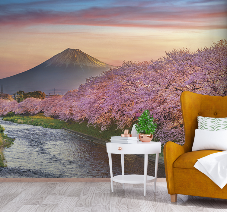 Tapisserie paysage fleurs de cerisier du mont fuji - TenStickers
