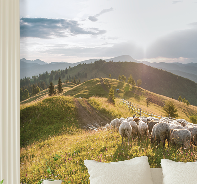 Tapisserie paysage moutons sur la colline - TenStickers