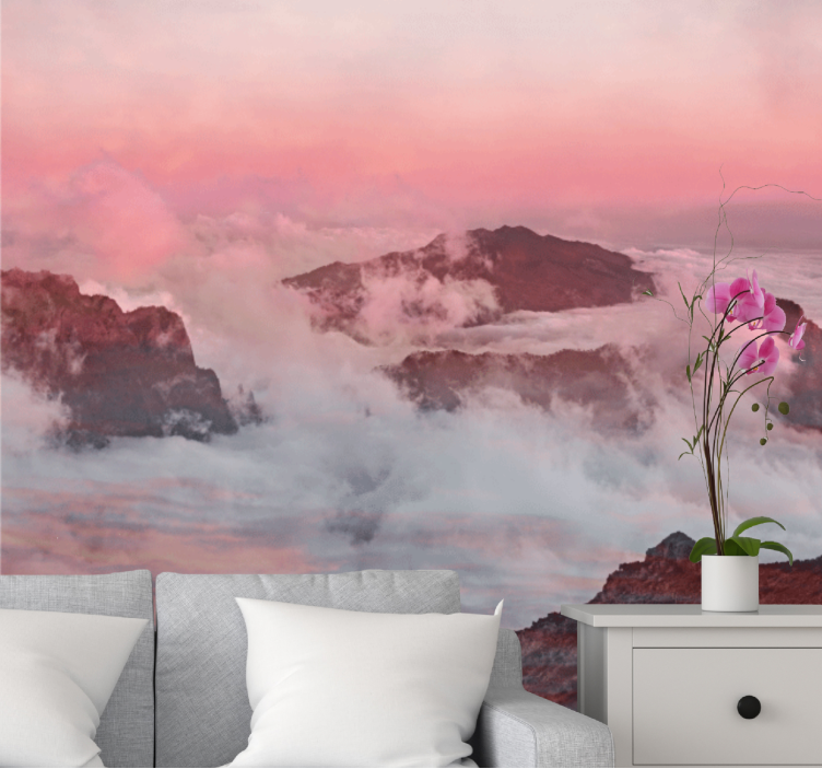 Tapisserie paysage nuages roses montagneux - TenStickers