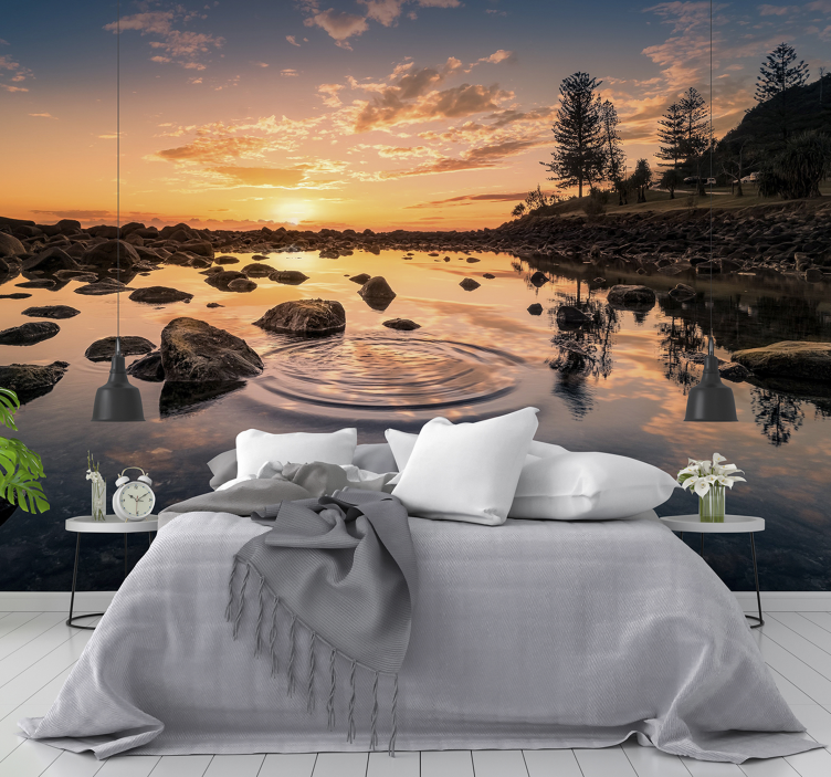 Tapisserie paysage reflets d'un coucher de soleil serein - TenStickers