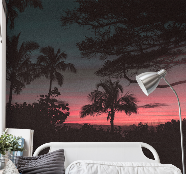 Tapisserie paysage silhouette de coucher de soleil tropical - TenStickers