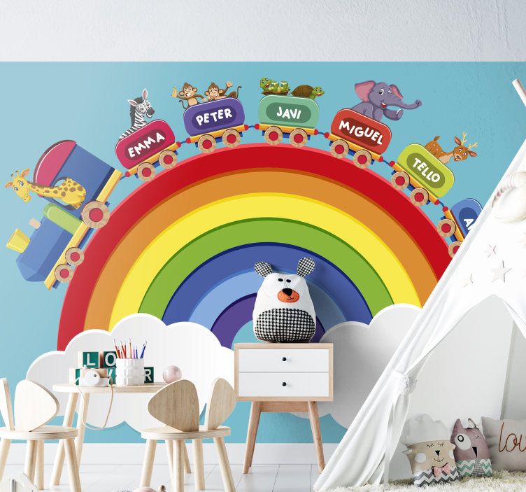 Tapisserie pour chambre bébé aventure en train arc-en-ciel - TenStickers