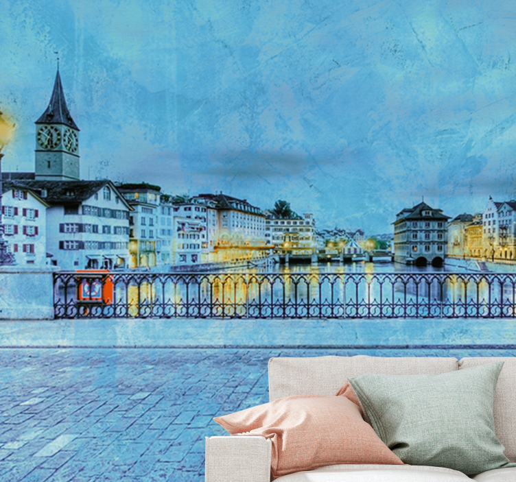 Tapisserie villes et pays vue sur le fleuve à zurich - TenStickers