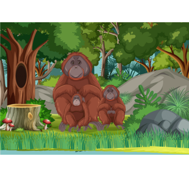 Tapisserie animaux scène de famille orang-outans - TenStickers