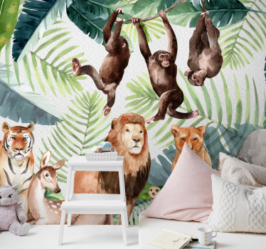 Papier peint chambre enfant Safari dans la jungle peinte - TenStickers