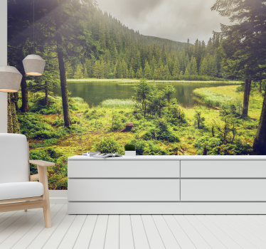 Tapisserie murale arbres verts entourant un lac - TenStickers