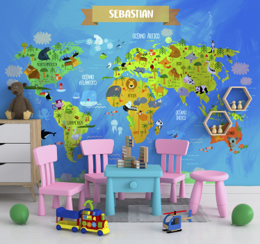 Tapisserie murale map monde avec des animaux - TenStickers