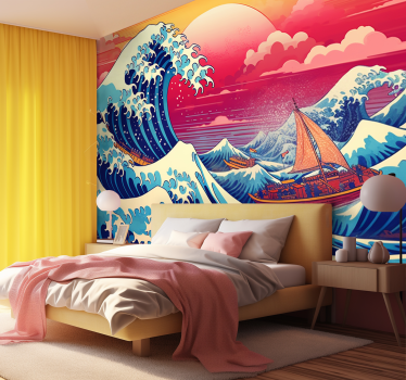 Tapisserie murale vague kanagawa japon rose - TenStickers
