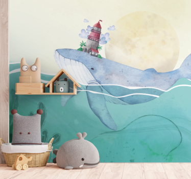 Tapisserie animaux baleine avec phare - TenStickers