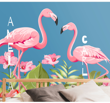Tapisserie animaux flamants roses et fleurs - TenStickers