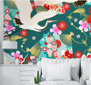 Tapisserie animaux grues et fleurs - TenStickers