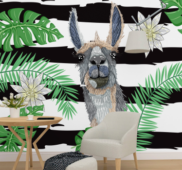 Tapisserie animaux lama avec des feuilles - TenStickers