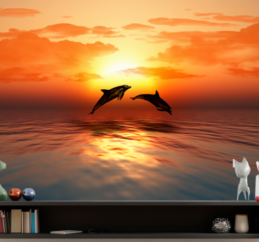 Tapisserie animaux les dauphins sautent au coucher du soleil - TenStickers