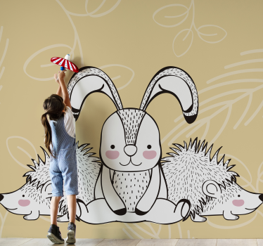 Tapisserie animaux lapin mignon et hérisson - TenStickers