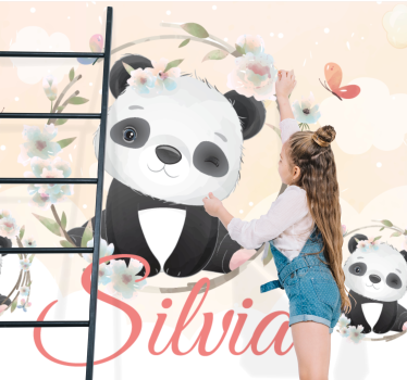 Tapisserie animaux panda avec fleurs - TenStickers