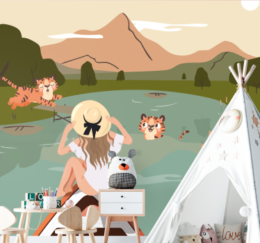 Tapisserie chambre enfant scène d'aventure tigre - TenStickers