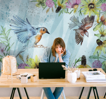 Tapisserie bureaux oiseaux fleuris colorés - TenStickers