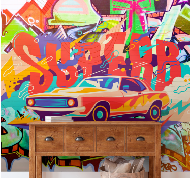 Tapisserie graffiti art mural voiture rétro - TenStickers