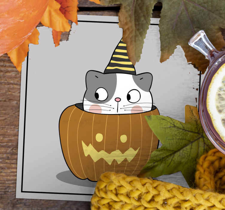 Dessous de verre halloween chat en chapeau citrouille - TenStickers