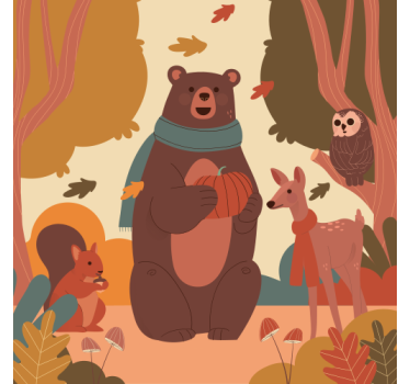 Poster chambre enfant animaux heureux en forêt d'automne - TenStickers