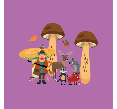 Poster chambre enfant oiseaux dans la forêt de champignons - TenStickers