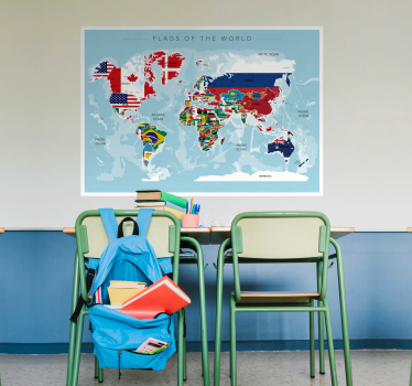 Poster mural carte du monde avec drapeaux pays - TenStickers