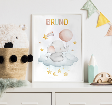 Poster chambre enfant nom éléphant sur un nuage - TenStickers