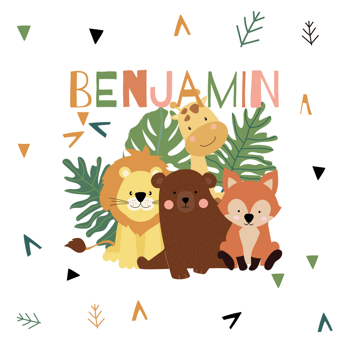 Poster chambre enfant animaux sauvages mignons avec feuilles - TenStickers