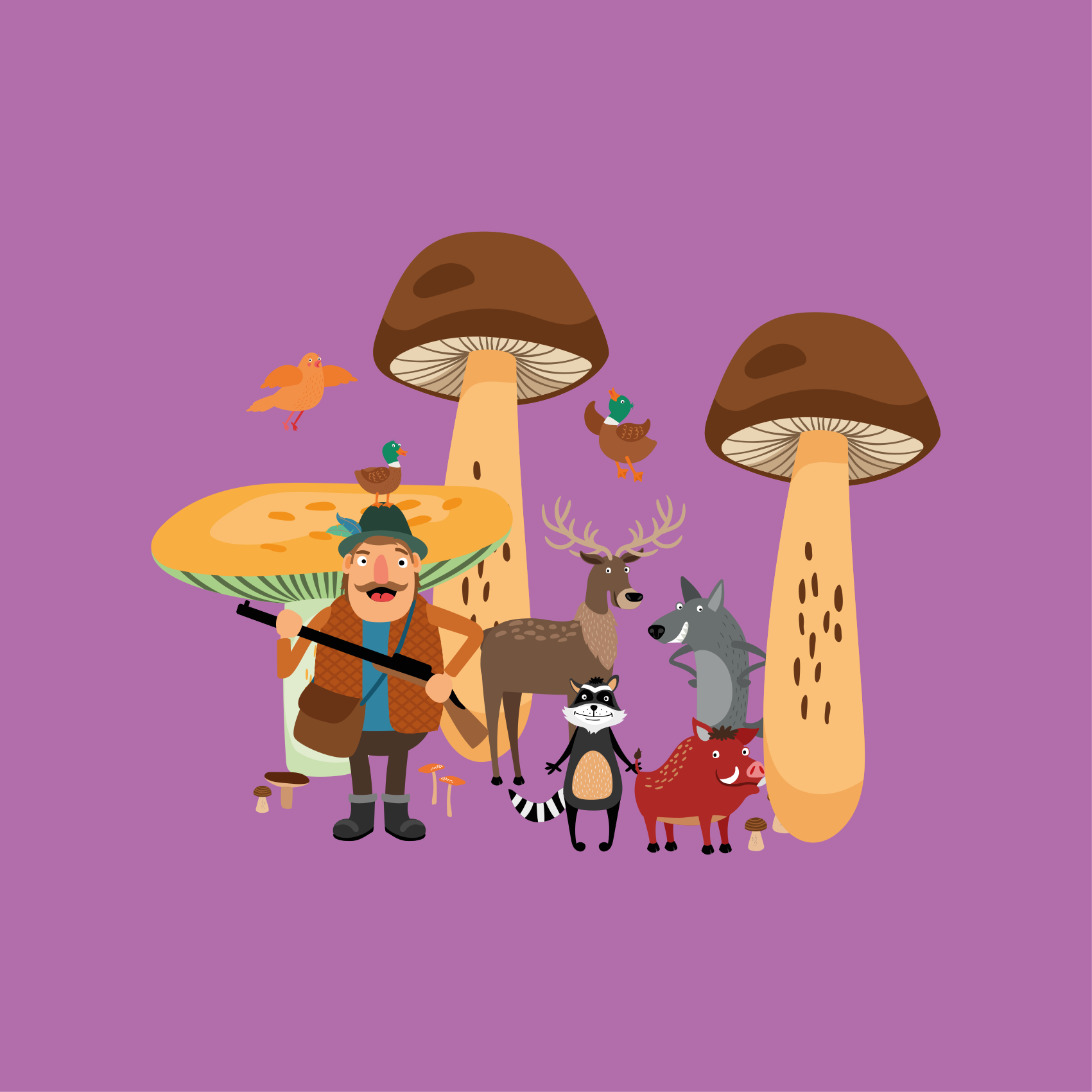 Poster chambre enfant oiseaux dans la forêt de champignons - TenStickers