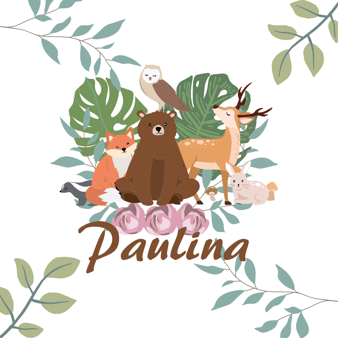 Poster chambre enfant animaux des bois girly personnalisé - TenStickers