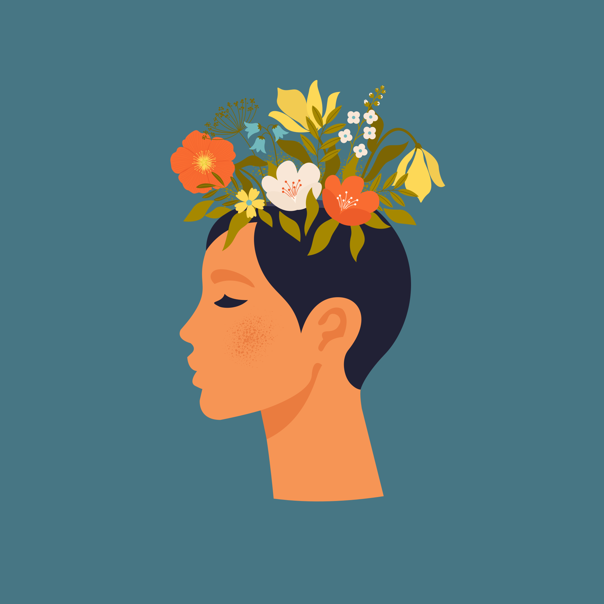 Poster fleurs femme abstraite sur fond bleu - TenStickers