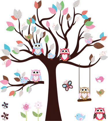 Poster arbre autocollant chambre enfants hiboux dans l'arbre - TenStickers