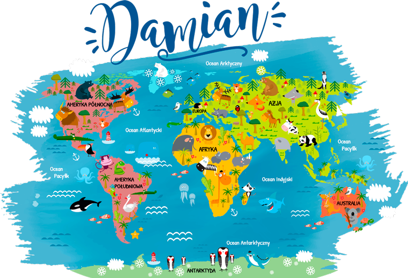 Poster carte du monde animal avec noms en polonais - TenStickers