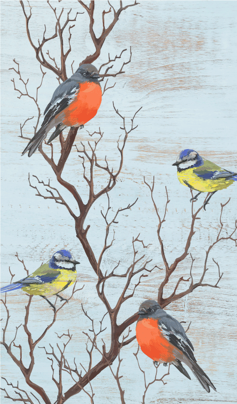 Poster vintage arbres vintage bleus avec oiseaux - TenStickers